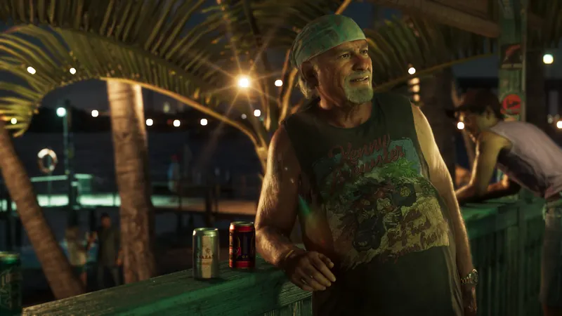Brian Heder at a tiki-style waterfront bar at night.