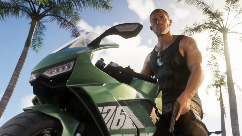 Jason Duval with a sport motorcycle under palm trees.