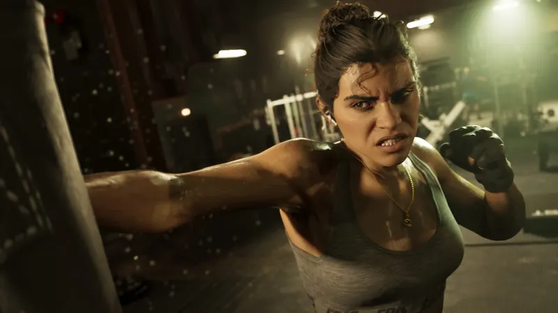 Lucia Caminos throwing a punch in a boxing gym.