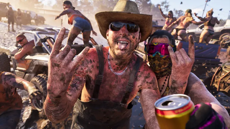 Mud-covered revelers celebrating at an off-road mud event, beer can in hand.