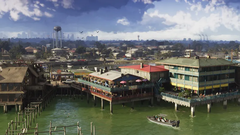 A speed boat drives toward buildings on piers overlooking the water. In the distance is the Vice City skyline.