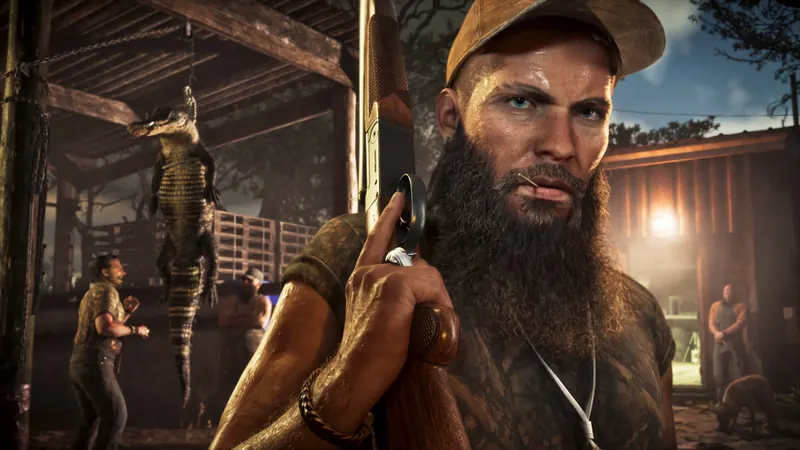 Bearded man in a trucker cap in a rustic swamp shack with a mounted gator behind him.