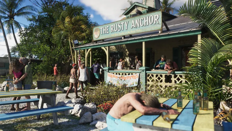 The exterior of a beach bar in the Leonida Keys with many people: a man sits at a picnic table passed out surrounded by empty bottles, a couple is kissing, people are walking into the entrance, and others are hanging out on the front porch.