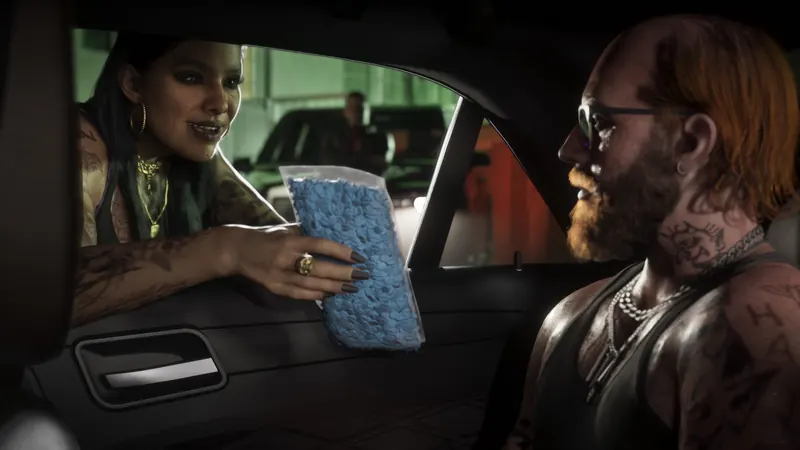 A woman in Port Gellhorn leaning into the open window of a car handing a package to a man sitting in the back seat.